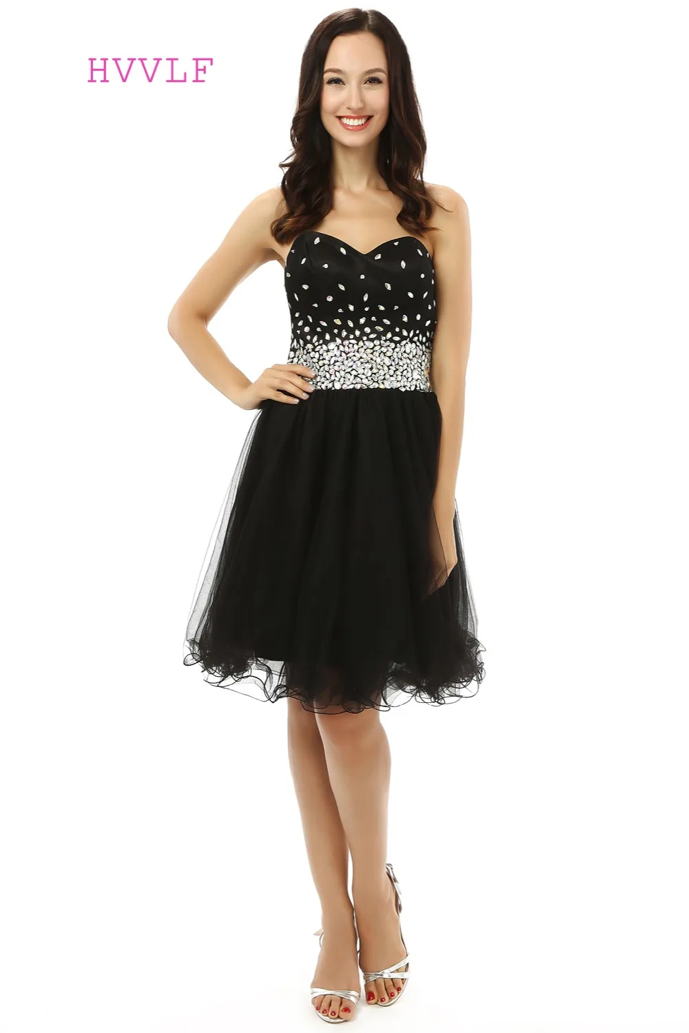 

Black Homecoming Dresses A-line Sweetheart Organza Beaded Crystals Short Mini Sparkly Sweet 16 Cocktail Dresses