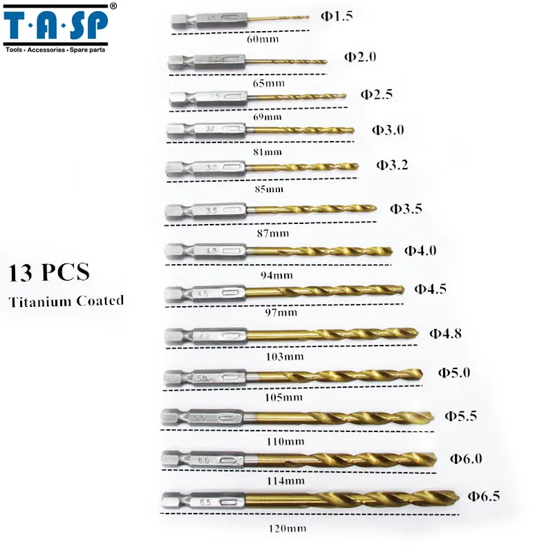 13 шт с титановым покрытием HSS сверла по металлу с 1/" шестигранным хвостовиком Ferramentas электроинструменты аксессуары