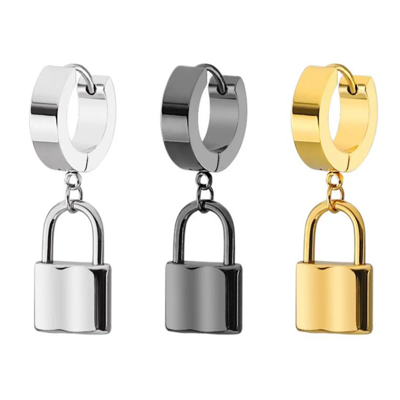 

2 Piece Punk Stainless Steel Hoop Earring Cross Ear Studs Women Men Lock Huggie Earring Body Piercing Jewelry