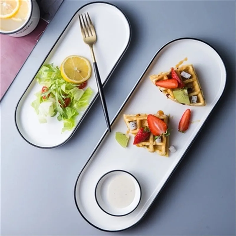 

KINGLANG ceramic Underglaze color black line tray breakfast plate sushi plate rectangular oval long plate Western dish plate
