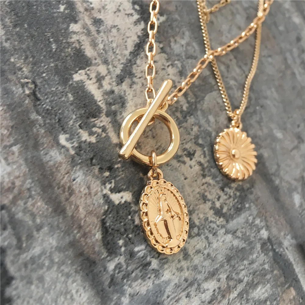 

2019 F/W new arrival girly gold color plating flower shape pendant virgin mary pendnat layered necklace for women