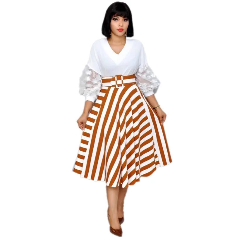 

Autumn Vintage Elegant Plus Size Office Ladies Women Midi Dresses 3/4 Sleeves Stripe Retro Female Fashion Chic Fall 2019 Dress