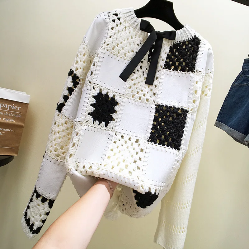 Crochet sweater female tassel hem net red same bow knitted sweater 