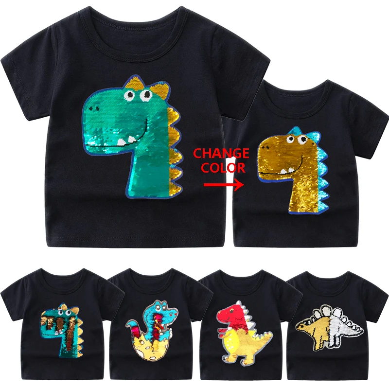 Для маленьких мальчиков T рубашка, хлопчатобумажные футболки для мальчиков, с рисунками из мультфильмов, с блестками и с принтом динозавра