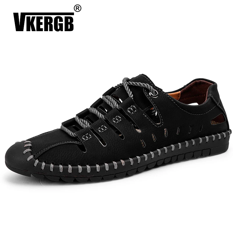 

VKERGB Genuine Cow Leather Men Loafers Fashion Handmade Moccasins Leather Men Flats Khaki Lace-Up Men's Boat Shoe Plus Size