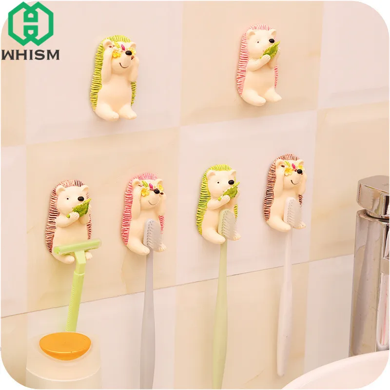

WHISM Wall Mount Resin Toothbrush Holder Self Adhesive Cartoon Hedgehog Plug Socket Organizer Rack Kitchen Bathroom Accessories