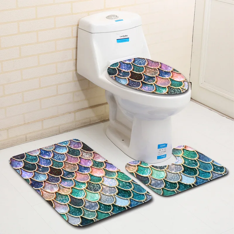 The 3 sets bathroom carpet mat and Toilet seat cover with Fish scales
