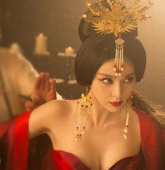 

TV Play Legend of Chinese Empress Wu Mei Niang Empress Same Design Golden Phoneix Tassel Hair Tiaras