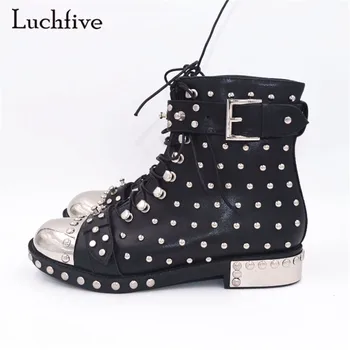 

2017 Punk style Boots women rivets studded leather Ankle Boots Round toe side lace up Strap buckled martin short boots