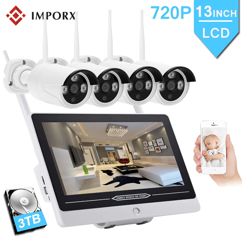 

4CH 720P Wireless NVR Kits 13"LCD Display Outdoor Security 1MP 4PCS IP Camera Video Surveillance P2P Wifi CCTV Camera System