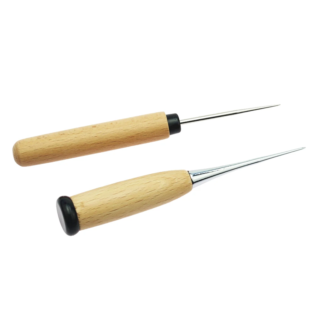 fityle 2Pcs Wooden Handle Leather Craft Awl Sewing Punching Hole Pin Stitching Tool