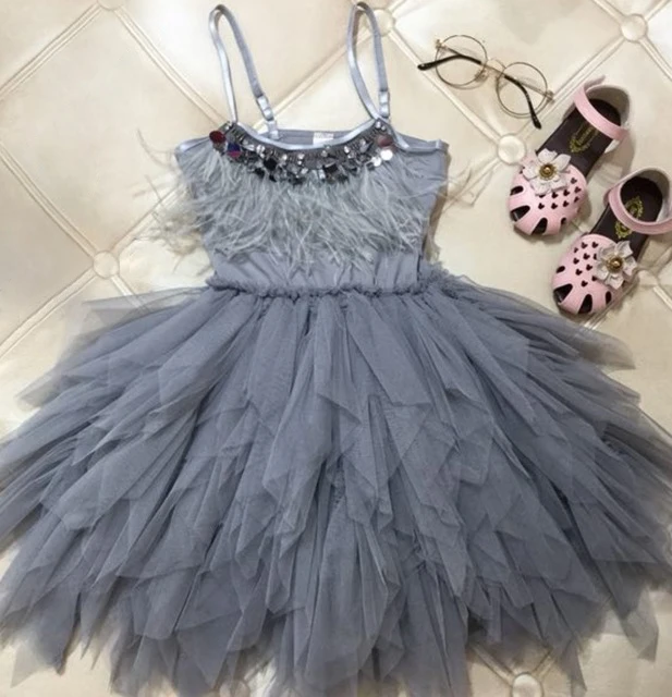 Gray Kids Dress For Girls Flower Girl Fashion Feather Tassels Girls Wedding Party Girls Princess Dresses Clothes 2-10 Yrs - Цвет: Gray