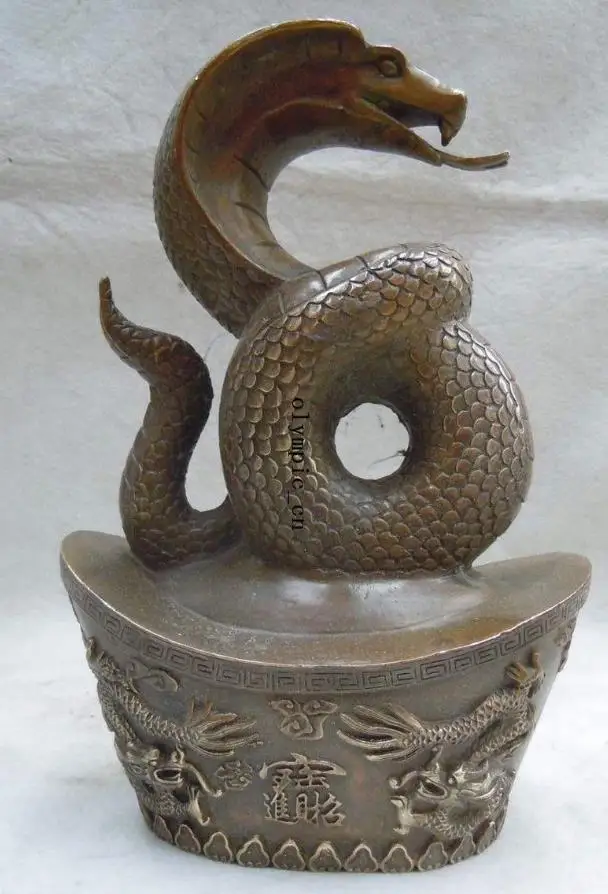 

wang671115571+++8" China brass carved finely two dragons mammon buddha cobra sculpture statue