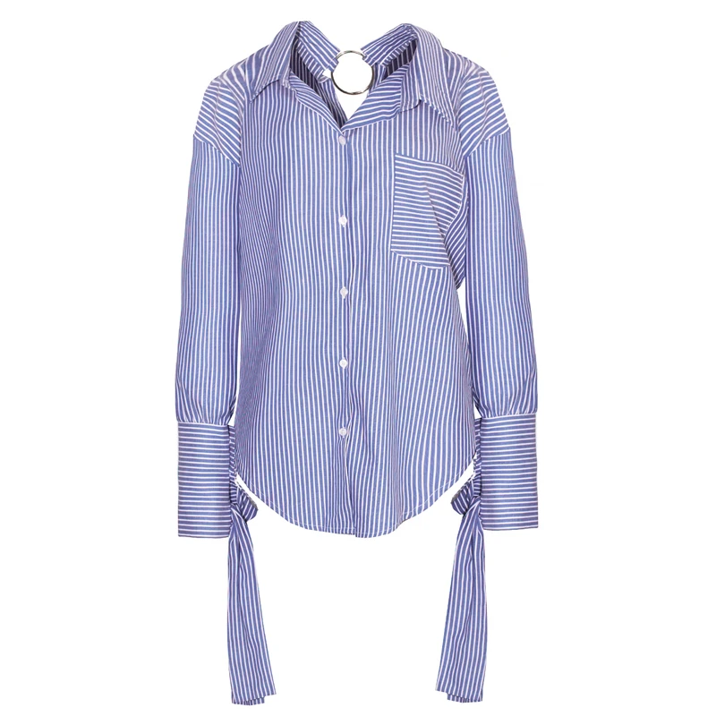 Блузка HDY Haoduodyi Женская синяя в полоску с карманами без спины|top elegant|woman top elegantwomen