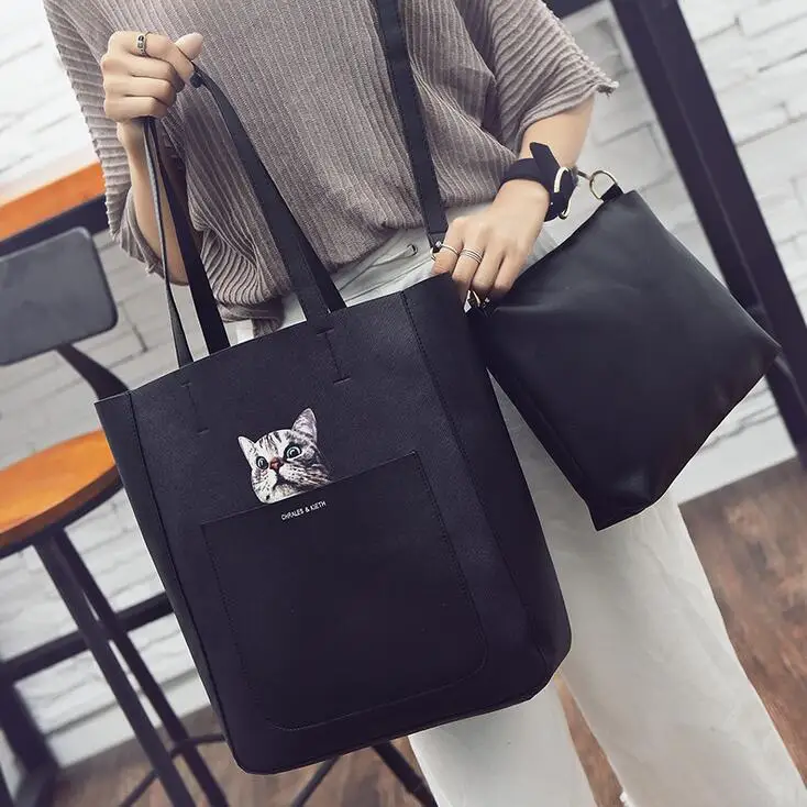 2017 Fashion New Handbags Quality PU leather Big Women bag Cartoon Printed Cat Shoulder bag Retro
