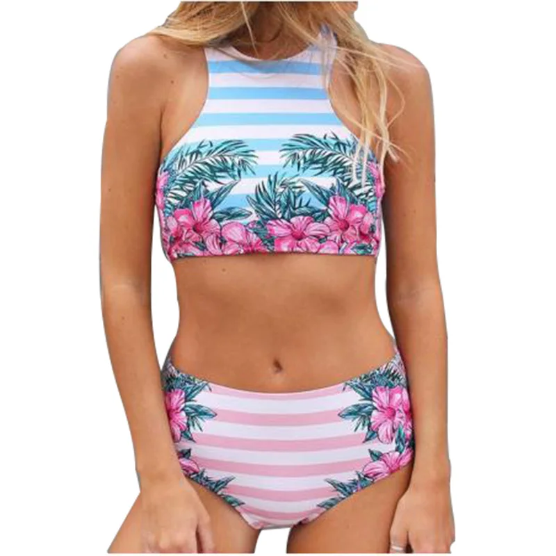 

High Waist Bikini Set 2019 Hot Sell Simple White Swimwear Women Sexy Halter Beach Brazilian Swimsuit Floral Print Bathing Suit