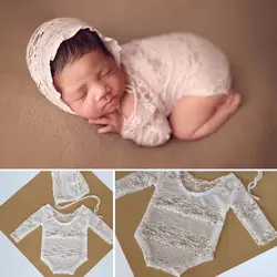 Ребенка с длинным рукавом ползунки Подставки для фотографий Кружевной Костюм + шляпа Одежда для новорожденных кружевные аксессуары наряды