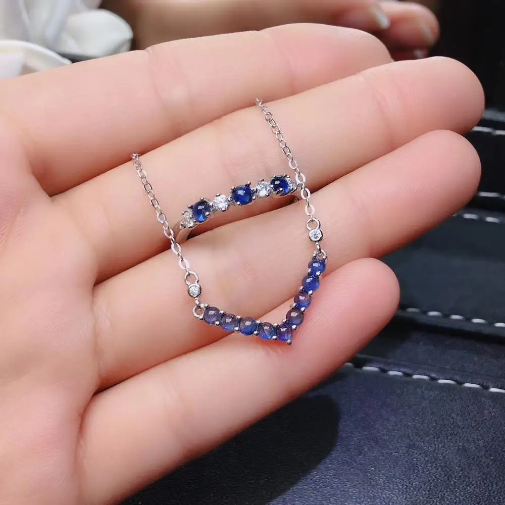 

natural blue sapphire gem Ring necklace Natural Gemstone Jewelry Set S925 Silver elegant geometric row girl party gift jewelry