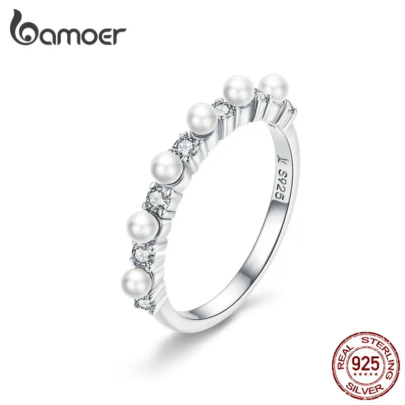 Женское жемчужное кольцо BAMOER элегантные прозрачные кольца на палец из серебра и