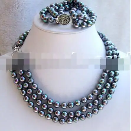 

Hot selling free shipping*****7-8mm 3 strands black color south sea mother-of-pearl necklace and bracelet set ss925