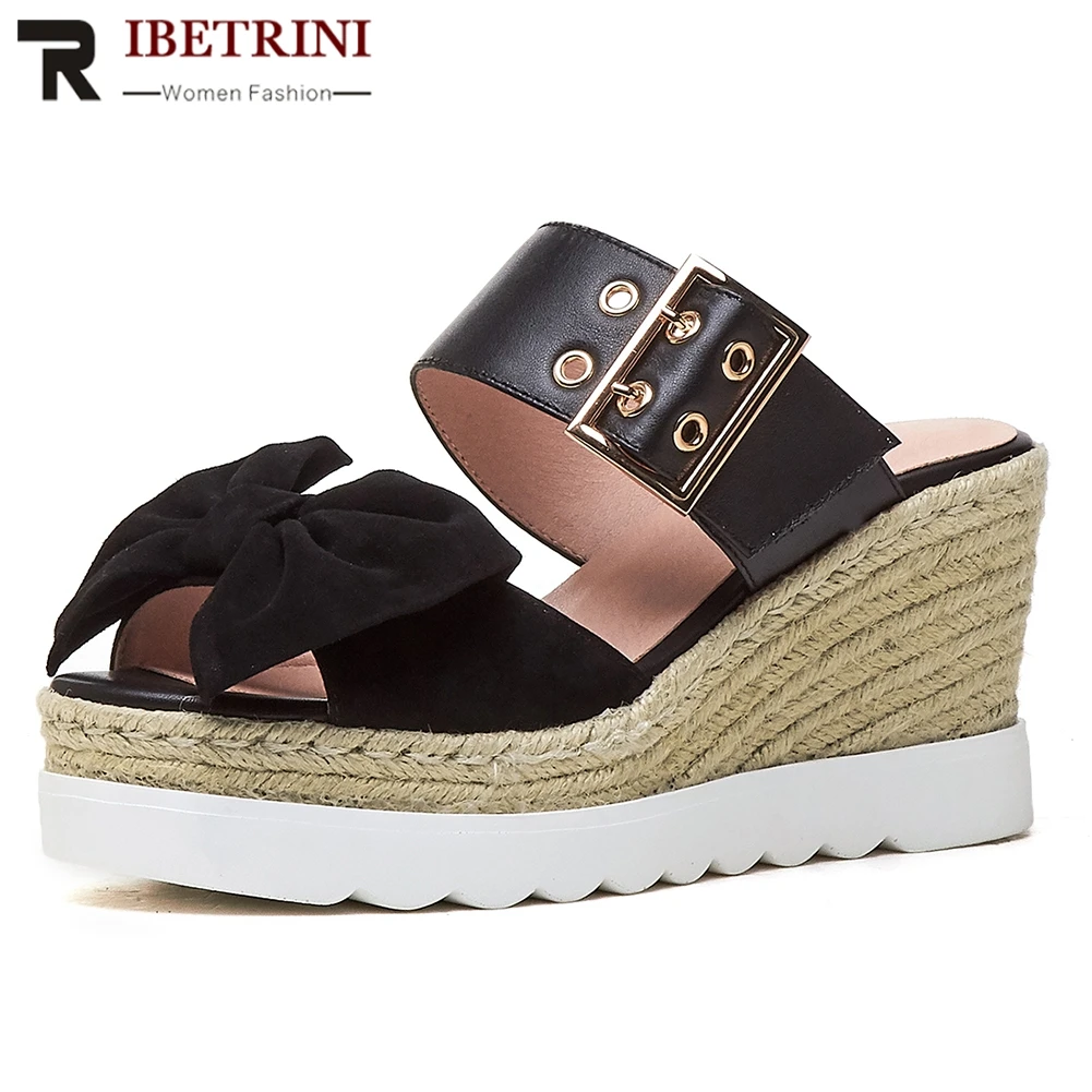 

RIBETRINI New Sweet Butterfly Knot Genuine Leather Shoes Slippers Woman Summer Platform High Heels Mules Wedegs Shoes Woman
