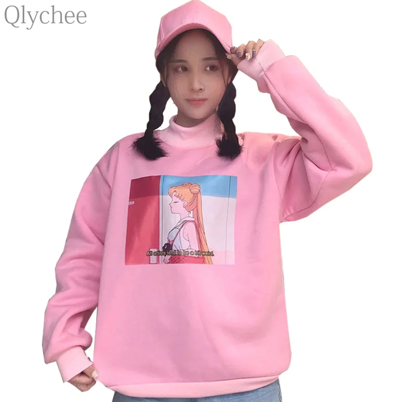 

Qlychee Japanese Cute Anime Women Hoodies Pullover Sailor Moon Print Turtleneck Sweatshirt Fleece Casual Loose Tracksuit