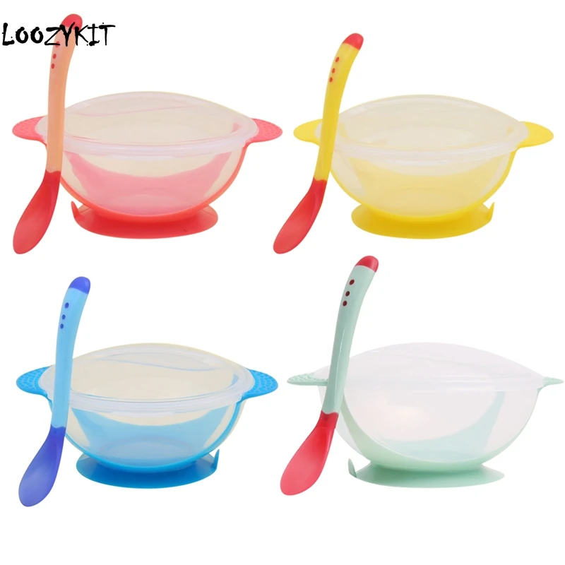 

Loozykit 3Pcs/set Baby Tableware Dinnerware Suction Bowl Temperature Sensing Spoon Baby Food Baby Dinner Feeding Bowls Dishes