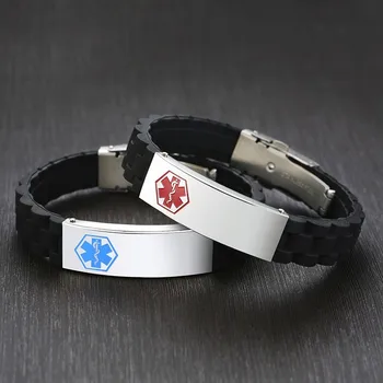 

Black Silicone Medical Bracelets for Men Rubber ID Wristbands and Blue Symbol Personalized