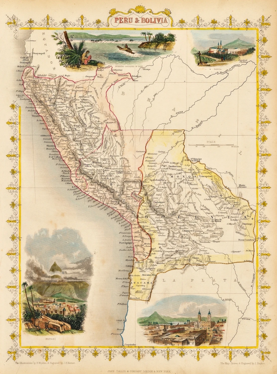 Винтажный постер с картой он Таллис Перу и Боливия (1851) Классические холщовые