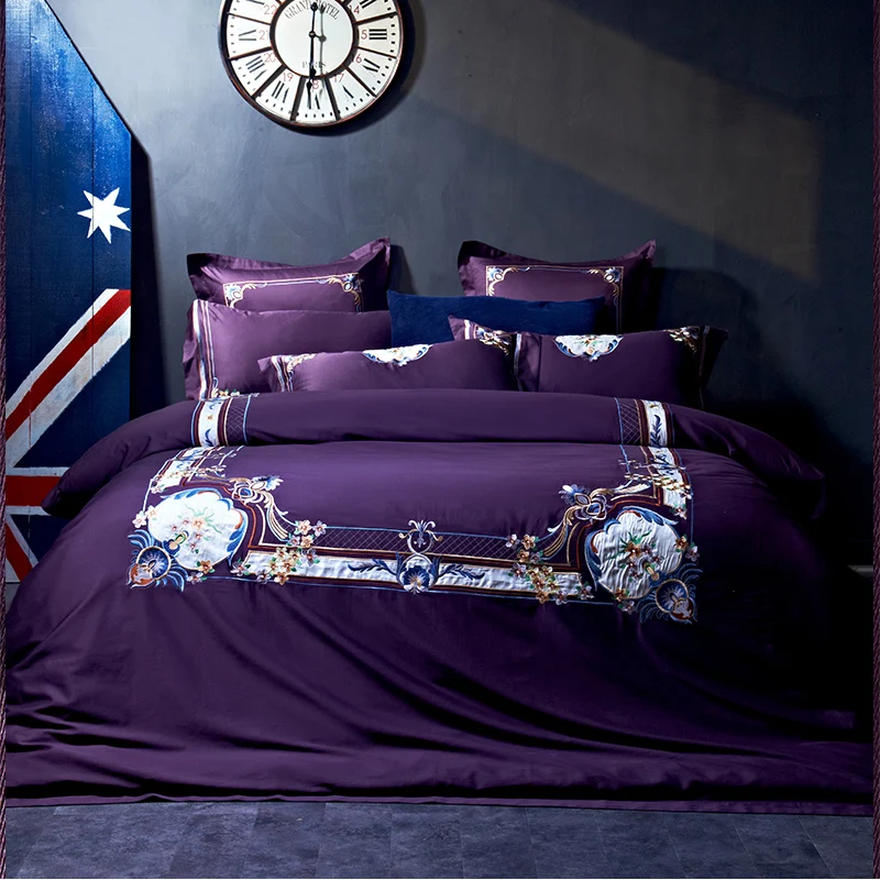 Violet Purple Color Luxury Bedding Set cotton Embroidery Tribute silk