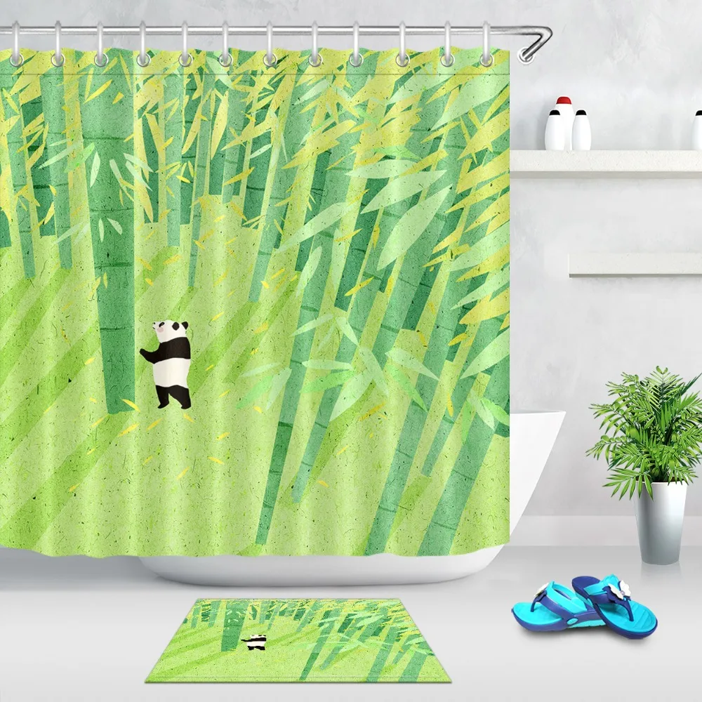 Cartoon Forest Animals Green Bamboo Fabric Shower Curtain Hooks Bathroom Mat LB 