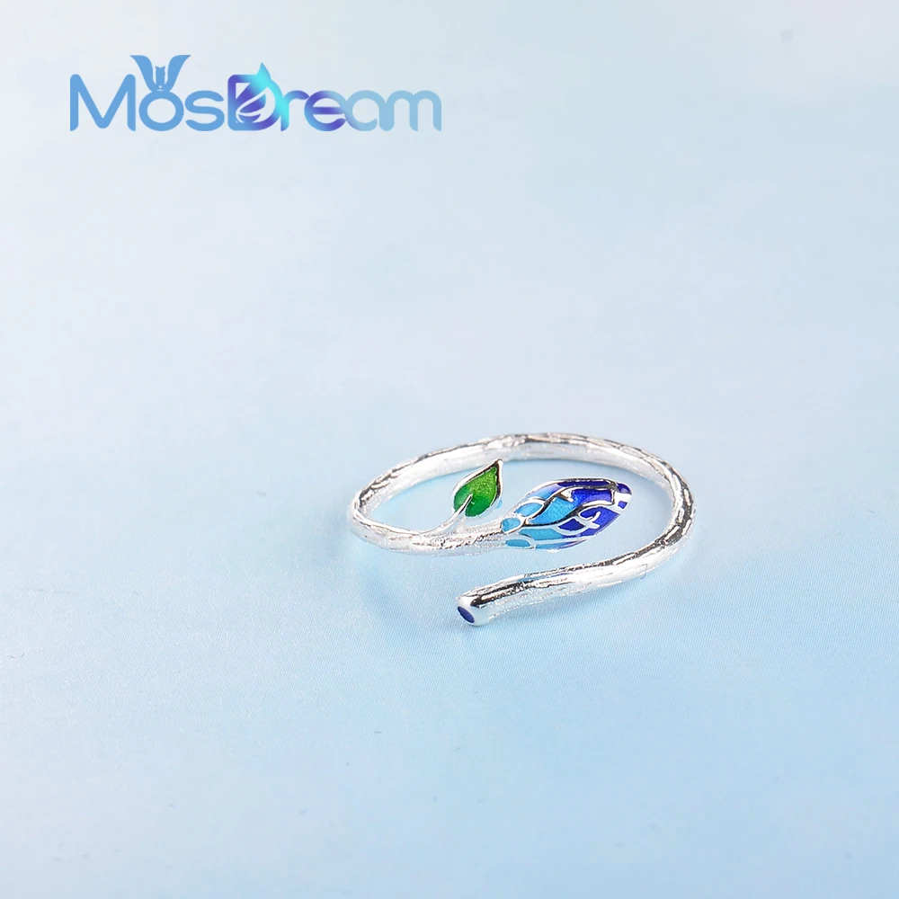 

MosDream Vintage Fresh Leaf s925 Silver Ring Enamel Art Ethnic Elegant Jewelry for Women Plant Energy Ring Gift