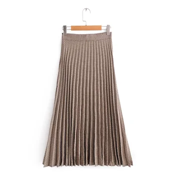

women plaid skirt pleated long mid calf length Side zipper autumn spring office lady drop shipping SML coffee 18OctW3