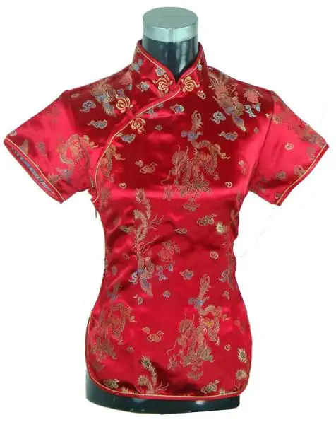 

Summer Short Sleeve Red Women Shirt Tops Chinese Lady Traditional Satin Silk Blouse Novelty Dragon Clothing S M L XL XXL WS005