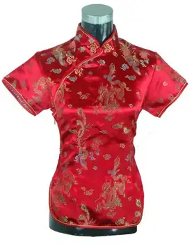 

Summer Short Sleeve Red Women Shirt Tops Chinese Lady Traditional Satin Silk Blouse Novelty Dragon Clothing S M L Xl Xxl Ws005