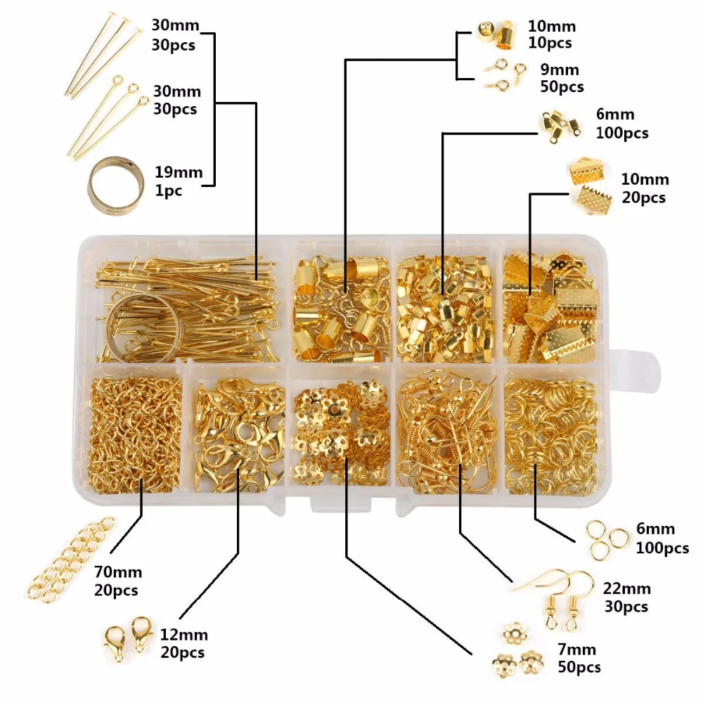 

Beads Kit With Box For diy Jewelry Findings T Pins Needles Clasps Hooks Jump Rings End Caps Mixed Metal Chain Material