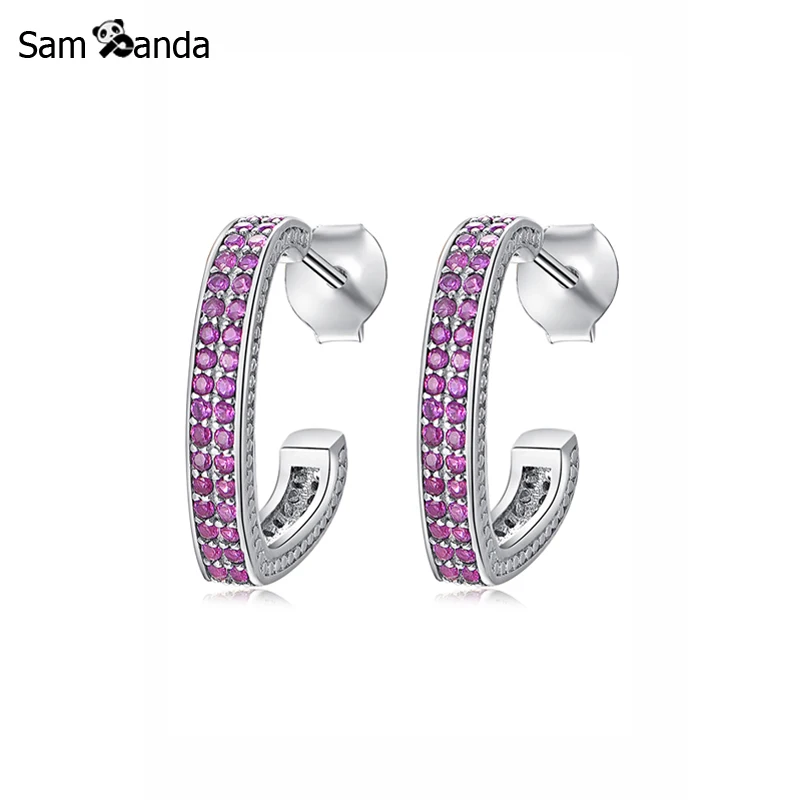 

Authentic Original 100% 925 Sterling Silver Half Hoop Earrings Love Heart Romantic Brincos Earing Pink CZ Women Fashion Jewelry
