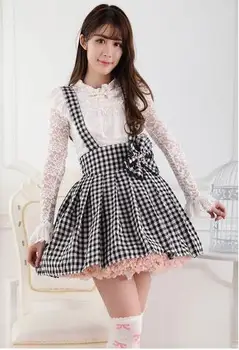

Japanese Style Sweet White and Black Plaid Lolita Lace Jumper Skirt for Girl