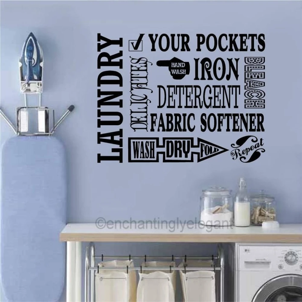 LAUNDRY ROOM Vinyl Wall Saying Decal Sticker Cute Quote w/Clothesline