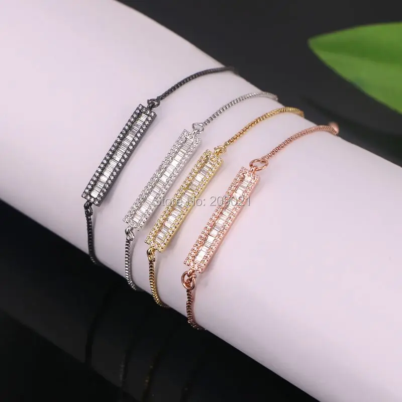 Стиль 10 шт. Micro Pave CZ Кристалл Длинный Прямоугольник Бар Шарм Регулируемая цепь макраме браслет для женщин