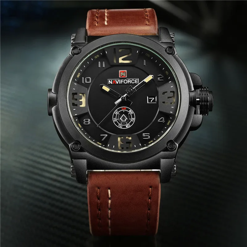 Мужские часы NAVIFORCE, спортивные водонепроницаемые мужские часы, военные армейские деловые кварцевые мужские часы с кожаным ремешком, 9099