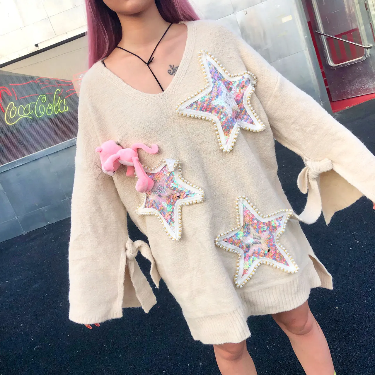 Original Thai Tide brand 2019 spring new cartoon sequin sweater female five-pointed star stereo doll elastic pullover | Женская одежда