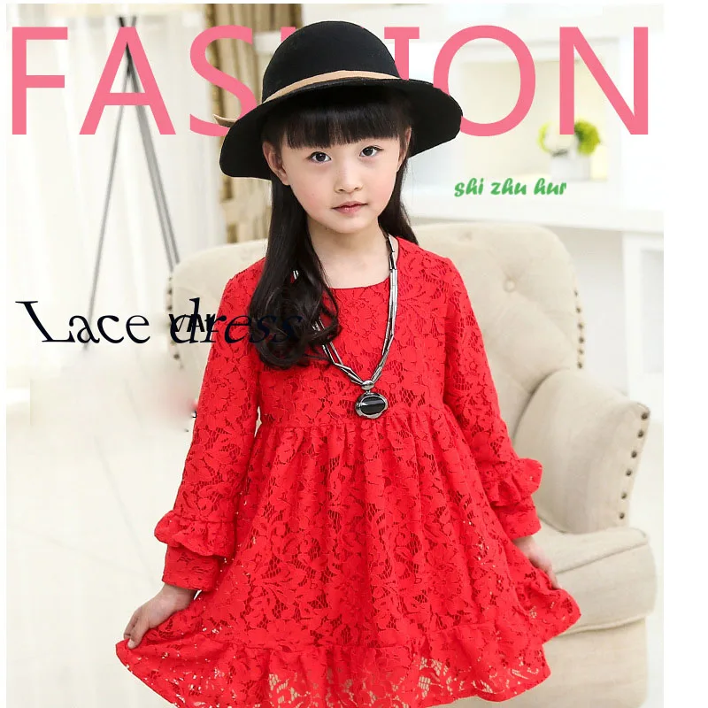 

Children Clothes 2017 Spring and Autumn Dress Girls Childr Long Sleeves Pure Color lace Princess Dress 3-12 year Old Baby Dress