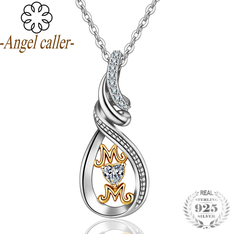 

Angel Caller 925 Stering Sliver Rhinestone Heart Mom Pendant Necklace CZ Letter Mom Torque For Anniversary Mother's Day Gift