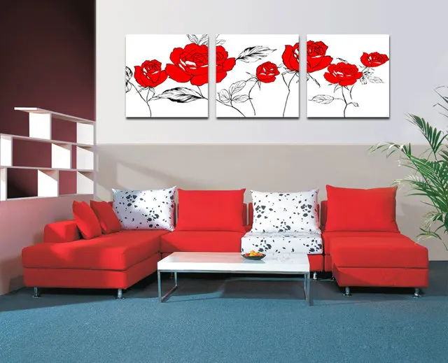 3 Piece Set of Canvas Painting Red Flowers Canvas Wall Art Cheap Wall Pictures Home Decor On ...