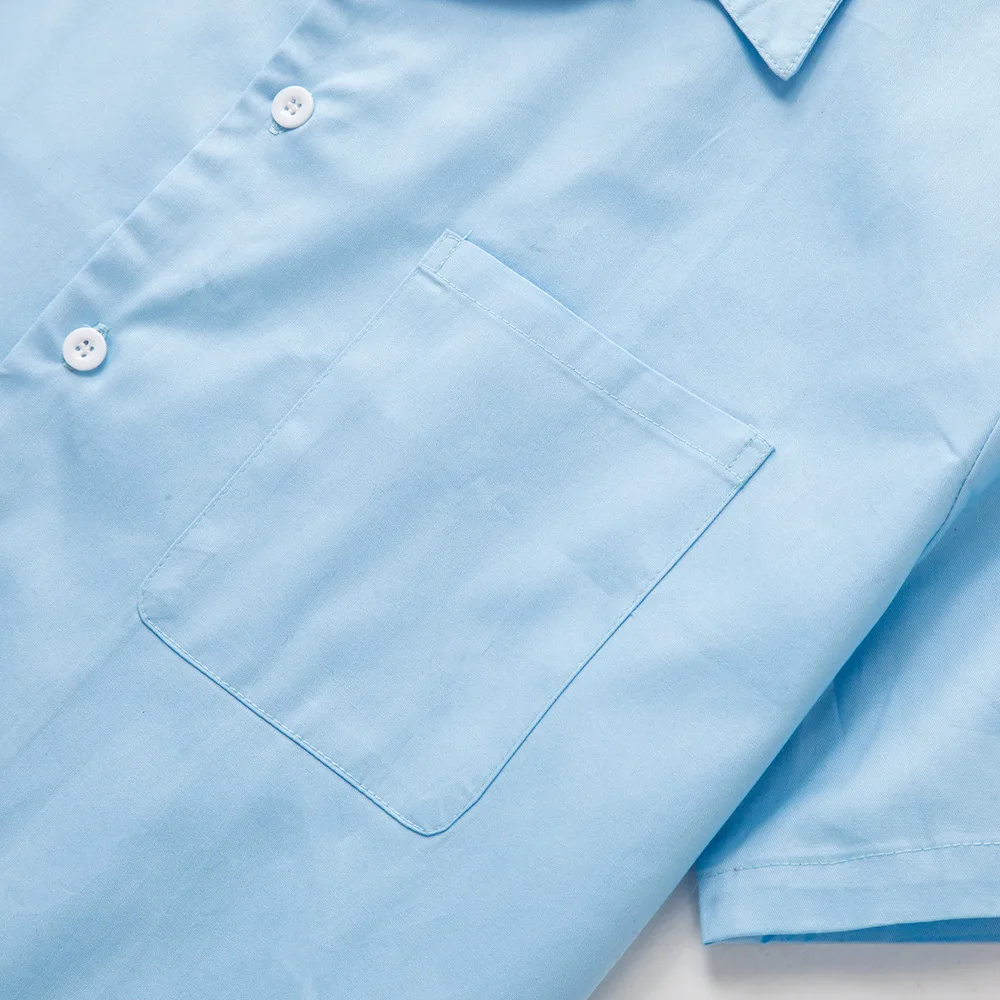 Однотонная Хлопковая мужская одежда с коротким рукавом небесно-голубые повседневные рубашки с карманом Мужская блузка с отложным