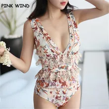 Новинка, корейский стиль, кружевная высокая талия, Цельный купальник, открытая кружевная вышивка, монокини с воланами, купальный костюм для женщин