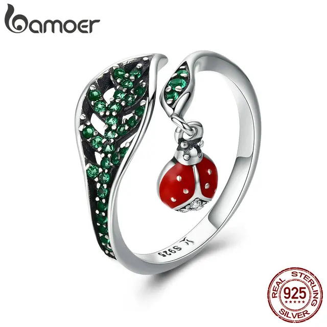 BAMOER 925 Sterling Silver Resting Ladybug Dangle in Tree Leaves Finger Rings fo BAMOER 925 Sterling Silver Resting Ladybug Dangle in Tree Leaves Finger Rings fo
