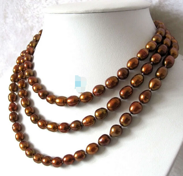 

FREE SHIPPING>>>@@ AS1669 51" 7-9mm Coffee Rice Cultured Freshwater Pearl Strand Necklace Jewelry