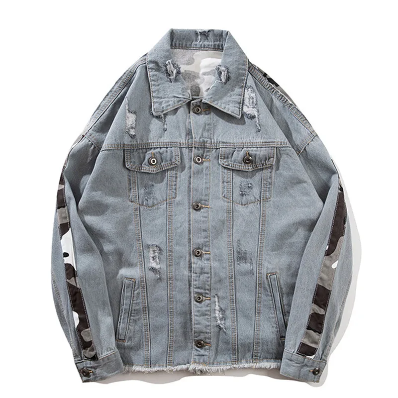 MORUANCLE Для мужчин Hi Street рваные джинсовые куртки Camo Patchwork уличная Distressed Denim Trucker Jacket верхняя одежда Размеры S-XXL